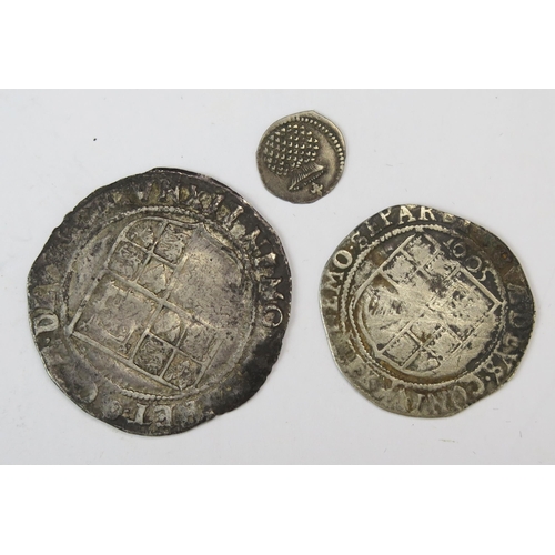 869 - A James I Shilling, Sixpence and 1/2d