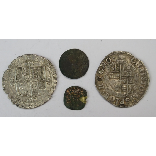 877 - Two Charles I Shillings, farthing and 1/4d