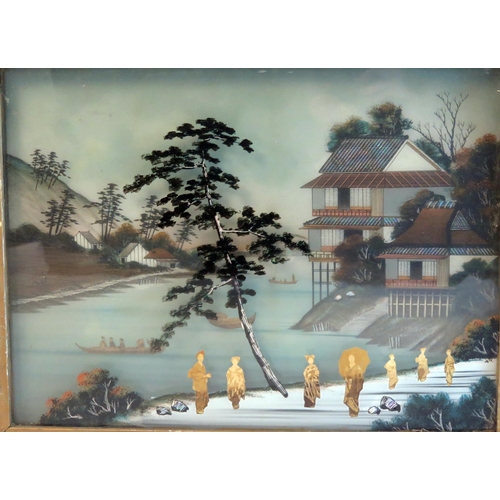 1296 - A pair of Japanese reverse paintings on glass, the background of a riverside village, the foreground... 