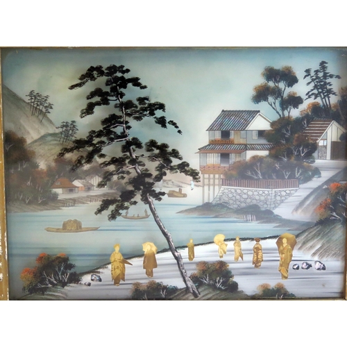 1296 - A pair of Japanese reverse paintings on glass, the background of a riverside village, the foreground... 