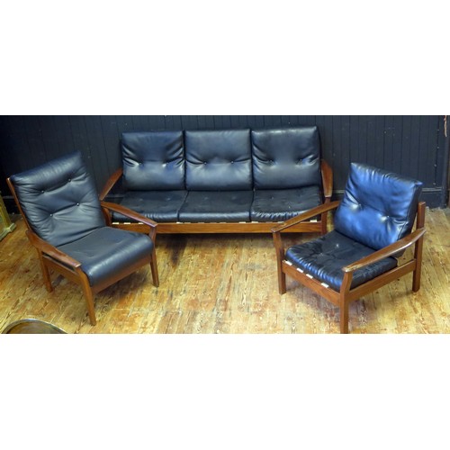 1657 - A 1960's/70's Cintique Aframosia Chair and one other chair and a sofa with black leatherette covers