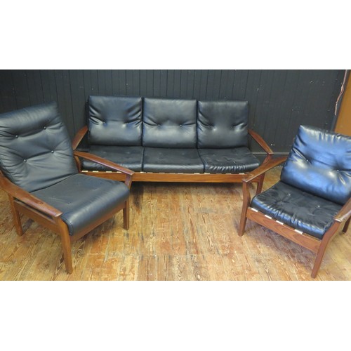 1657 - A 1960's/70's Cintique Aframosia Chair and one other chair and a sofa with black leatherette covers