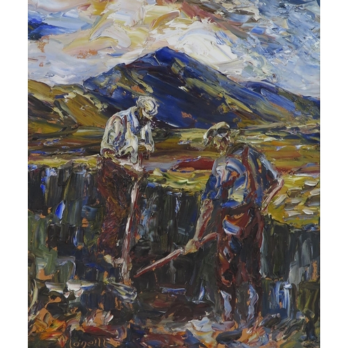 Liam O'Neill (b.1954) renowned contemporary Irish artist often portraying daily life on the West Coast of Ireland using an expressionist style with a palette knife technique. An oil on canvas depicting Turf Cutters with mountains beyond, signed lower left, image size 60 x 50 cm, framed