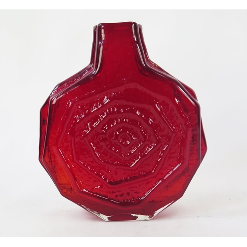 A rare Whitefriars glass Banjo or threepenny bit vase pattern No. 9681. in ruby red designed by Geoffrey Baxter, 32cm high.