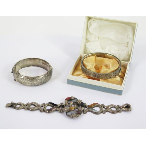 108 - Two Sterling Silver Hinged bangles with chased foliate decoration (45.42g) and a Victorian precious ... 