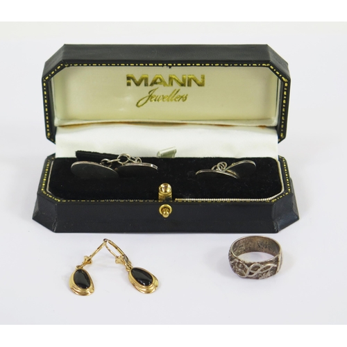 111 - A Pair of gold and Onyx Pendant Earrings stamped 14K 9CT (2.67g), a cased pair of silver cufflinks a... 