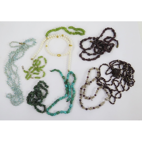112 - Various Semi-Precious Stone Necklaces including peridot, garnet, aqua marine and turquoise