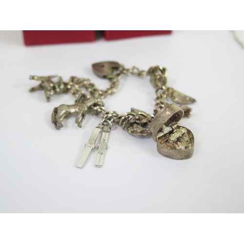 117 - A Boxed Silver Hinged Bangle with chased foliate decoration, silver charm bracelet, silver gate ling... 