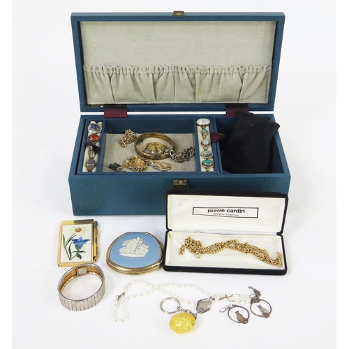 118 - A Jewellery Box and Contents including silver rings and bracelet, Wedgwood jasper ware compact, watc... 