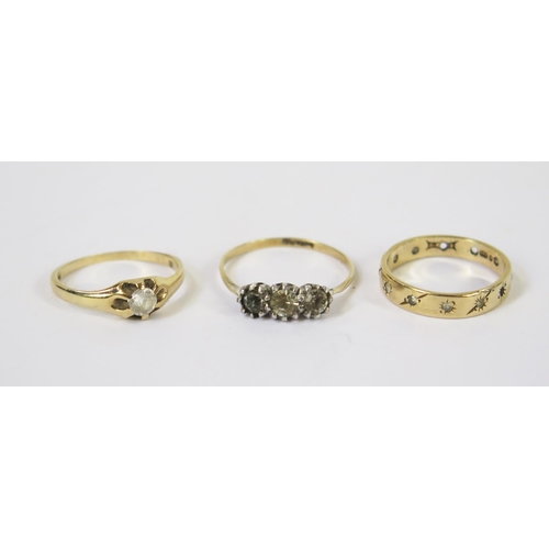 129 - A 9ct Gold Solitaire Ring (size L) and a damaged 9ct gold eternity ring(size K) (3.27g) and a 9ct go... 