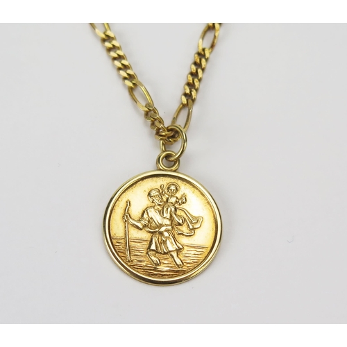 13 - A 9ct Gold St. Christopher Pendant on a 9ct gold figaro chain (45.5cm), both hallmarked, 9g