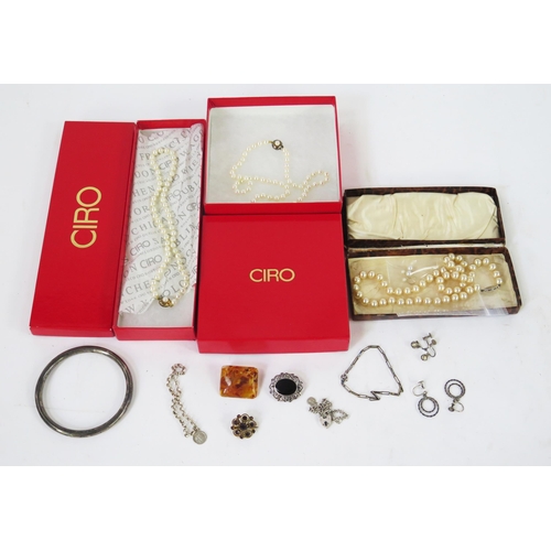 134 - An Antique Silver bangle (Chester 1921, H.G&S), other silver jewellery, Ciro 'pearls', etc.