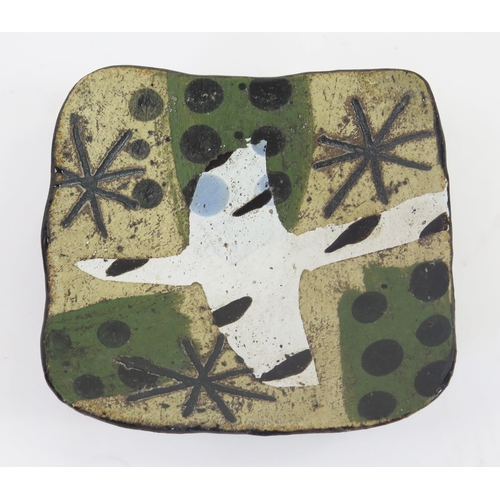 1340 - JOHN MALTBY (1936-2020) A small studio pottery dish with abstract stellar, dot and bird design, sign... 