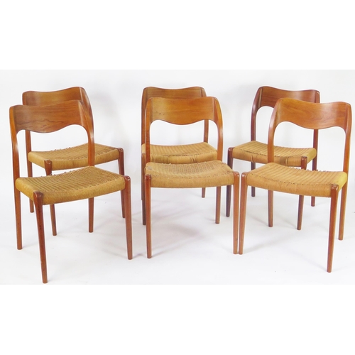 1341 - A set of six Danish Niels Moller Model 71 teak dining chairs, with curved and shaped top rails, sisa...