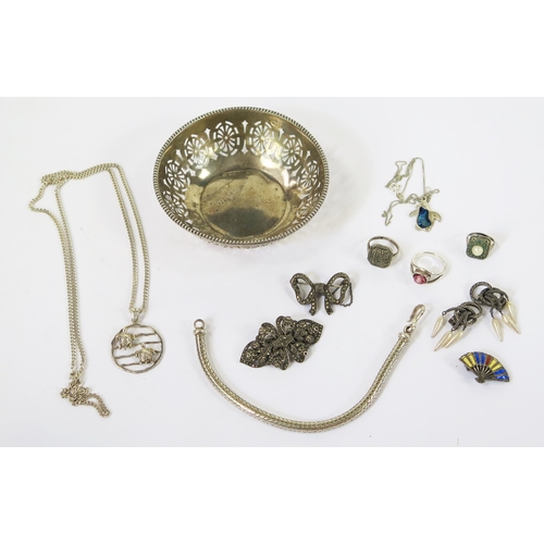 136 - A Selection of Silver Jewellery including a marcasite clip brooch, bracelet, enamel fan earrings, tu... 
