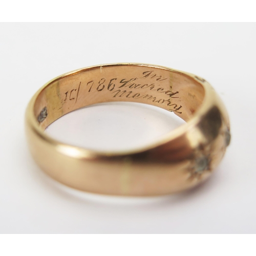 17 - An Antique 9ct Gold Three Stone Gypsy Ring with memorial inscription, size R.25, Birmingham 1917, 5.... 