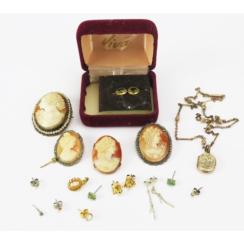 212 - A Silver and Marcasite framed Shell Cameo Brooch, other shell cameo brooches, a gold plated locket o... 