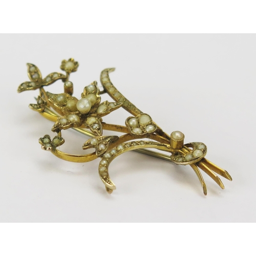 22 - A 9ct Hold and Seed Pearl Foliate Spray Brooch, c. 51.9mm high, stamped 9CT, 5g