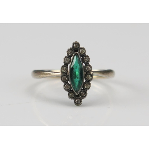 238 - A 9ct Gold and Paste Set Marquis Shaped Ring, 13.6x7.3mm head, size K.5, stamped 9ct, 1.74g