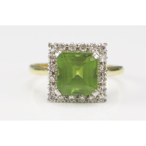 250 - An 18ct Gold, Peridot and Diamond Cluster Ring, c. 12.1mm head, size Q.5, stamped 18CT&PLAT, 5.51g