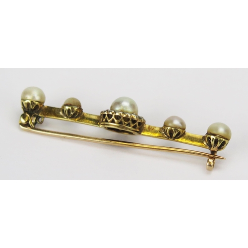 33 - An Antique Precious Yellow Metal, Pearl or Cultured Pearl and Gem Set Bar Brooch, 46.8mm wide, 3.89g