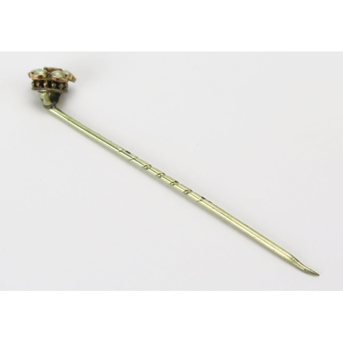 6 - An Antique 9ct Gold, Ruby and Seed Pearl Pin, stamped 9CT, 0.87g