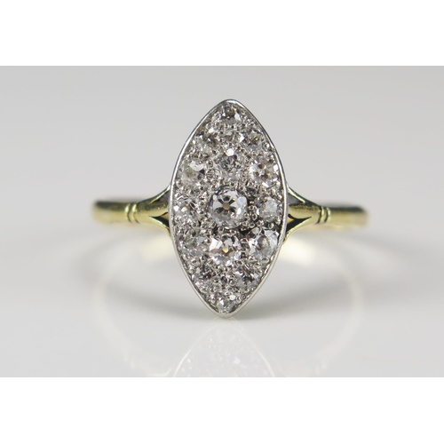 62 - An 18ct Gold and Old Cut Diamond Platinum Set Marquis Ring, c. 15.2x8.3mm head, size R, 2.72g