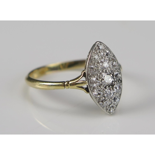 62 - An 18ct Gold and Old Cut Diamond Platinum Set Marquis Ring, c. 15.2x8.3mm head, size R, 2.72g