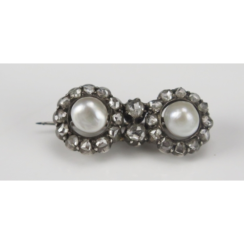 63 - An Antique Natural Pearl and Rose Cut Diamond Bar Brooch, largest pearl c. 6.4mm diam., 28x12.8mm, 3... 