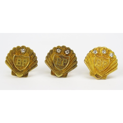 66 - A Set of Three BP 9ct Gold and Diamond Service Badges for 5, 10 and 15 years, hallmarked and screw b... 