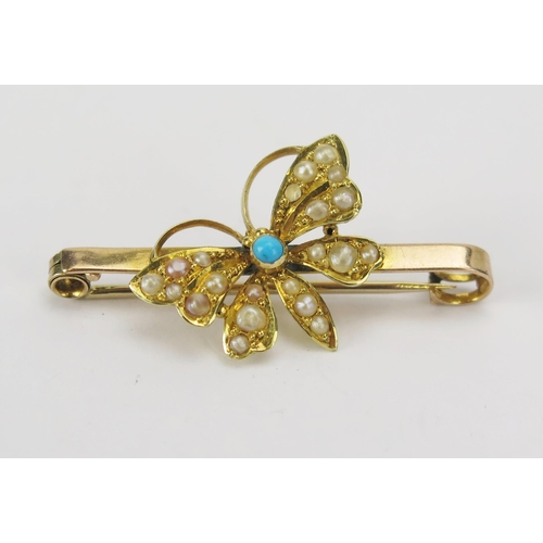 99 - An Antique 9ct Gold, Seed Pearl and Turquoise Butterfly Brooch, 38.3mm wide, Chester 1910, 2.93G