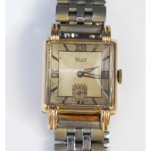 218 - A BEHA Gent's Gold Plated Manual Wind Wristwatch, c . 26.2mm case, 15 jewel movement. Running