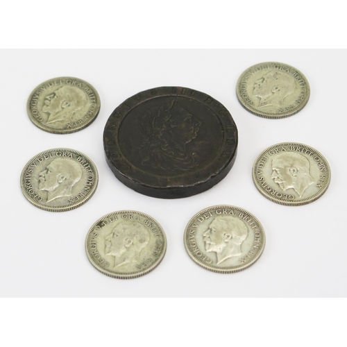 363 - George III 1797 Cartwheel Twopence and 6 .500 silver shillings