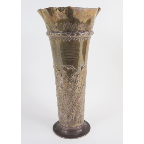 547 - A large late Victorian silver trophy vase, maker Susannah Brasted, London, 1889, inscribed, of flare...
