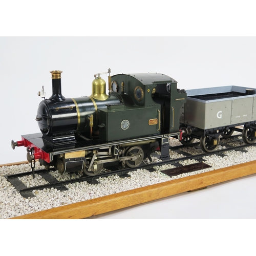 3 1/2 Inch Gauge Live Steam 0-4-0 Tank Locomotive No.1251 in GWR Green Livery Built To L.B.S.C "Tich" Design, Built by John Hodges together with grey GW open wagon with water reservoir on a polished wood stand - overall length of stand 95cm (no boiler certificate)