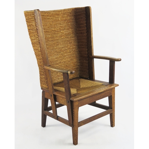 1736 - Liberty Orkney Stronza chair, early 20th century  made with oak and elm with curved woven back, sisa...