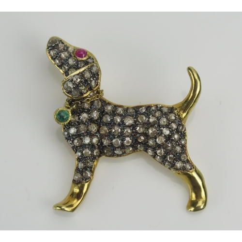 45 - Rose Cut Diamond, Cabochon Emerald and Ruby Dog Brooch in a 9ct gold and silver gilt setting, 32.5mm... 