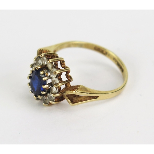 57 - 9ct Gold, Sapphire and CZ Cluster Ring, size M, Birmingham 1976, 2.32g