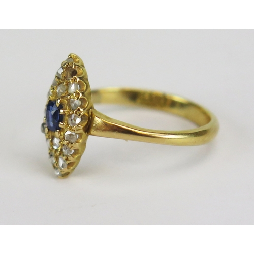 26 - Antique 18ct yellow gold sapphire and rose cut diamond marquis ring, 14x7mm head, size J.5, 2.37g. O... 