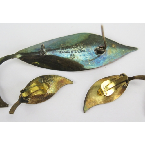 53 - Norwegian sterling silver and enamel leaf brooch by David Anderson, 68mm long, and two pairs of clip... 
