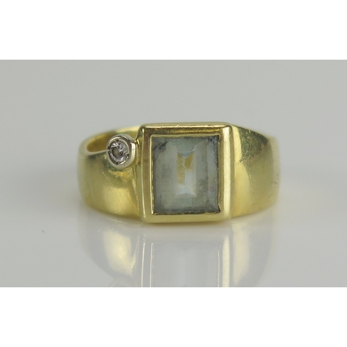 54 - Manfedi for Mappin & Webb 18ct yellow gold, aqua marine and diamond ring, c. 7x5.9mm principal stone... 