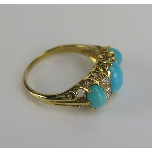 43 - A turquoise and diamond ring in an 18ct yellow gold setting, size S.5, hallmarked, 6.05g. Boxed
