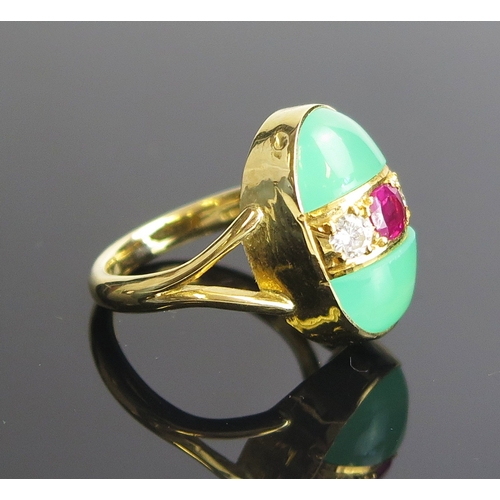 5 - A ruby, diamond and chrysoprase ring in an 18ct yellow gold setting, c. 5.2x4.1mm ruby, 3.4mm brilli... 