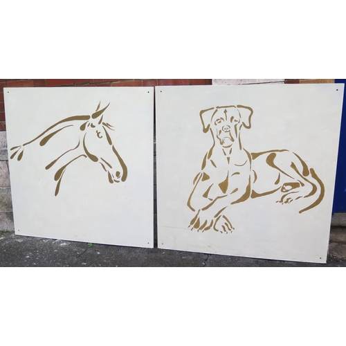 A pair of stencilled panels depicting a recumbent dog and a horse's ...