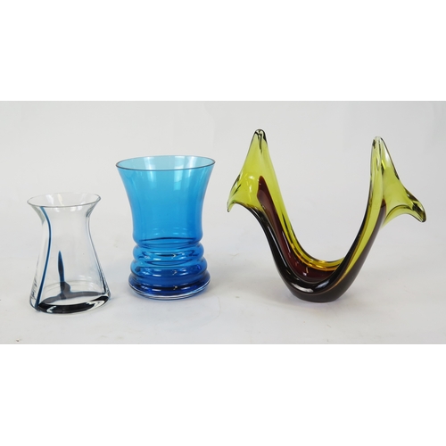 1110 - A Dartington blue glass vase of waisted form, 18cm high, another blue and clear glass Dartington vas... 