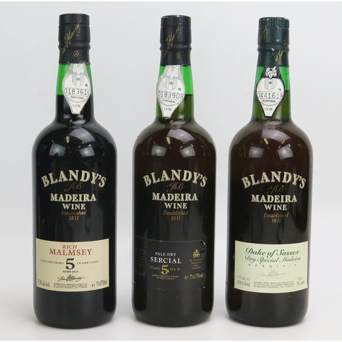 1075 - Selection of Blandy's Madeira wine including Rich Malmsey 5 year old 75cl, pale dry 5 year old 75cl,... 