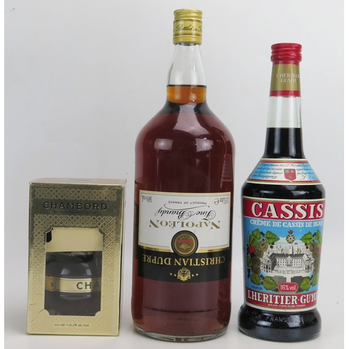 1089 - Christian Dupre (Napoleon) Brandy 1.5Lt, Chambord 200ml and a bottle of Cassis 70cl.
ALCOHOL IS SOLD... 