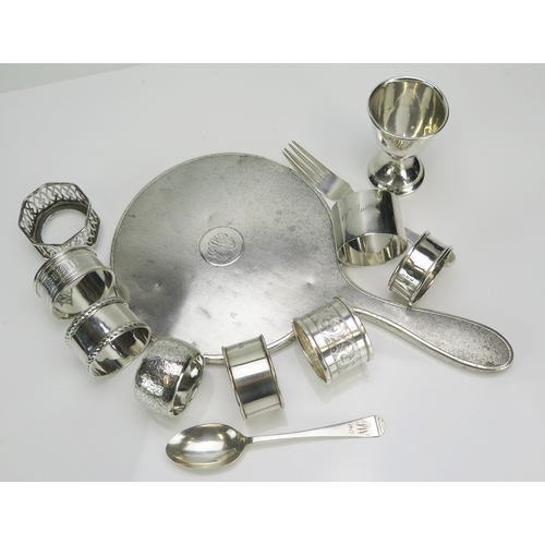 540 - A collection of assorted silver wares, various makers and dates, includes hand mirror, napkin rings,... 