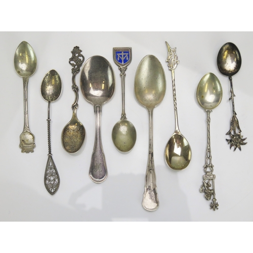 550 - Three .830 silver teaspoons, 27.6g, together with six assorted .800 silver spoons, 87.7g