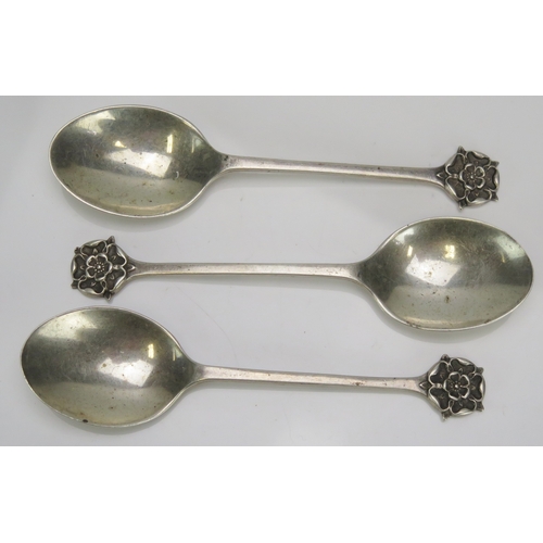 554 - Three silver teaspoons, maker William Hutton & Sons Ltd, Sheffield, various dates, with Yorkshire Ro... 
